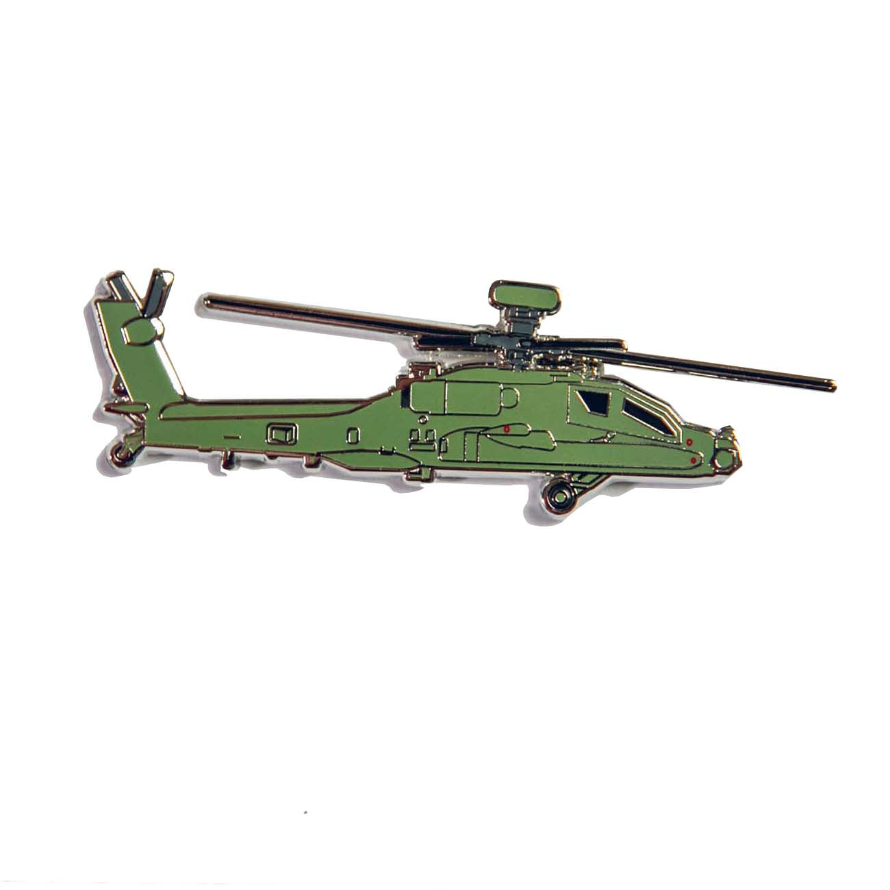 A detailed magnet resembling a Boeing AH-64 military helicopter, crafted with intricate rotor blades and cockpit. Enhanced by enamel color fill and a silver outline from The Boeing Store, it features a plain white background for contrast.