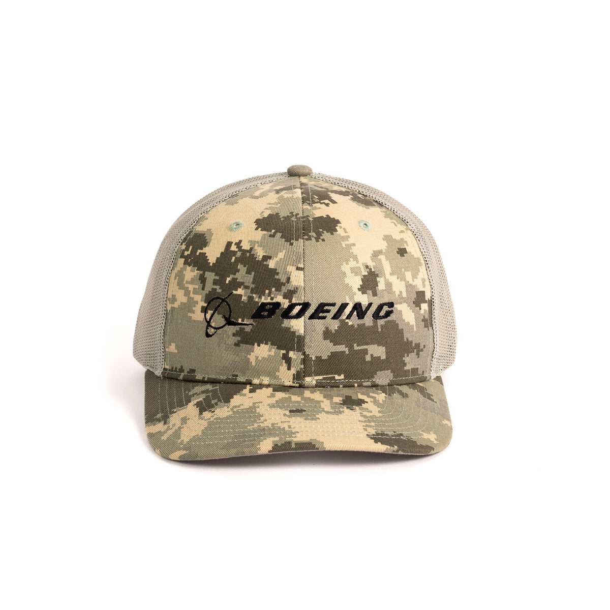 The Boeing Signature Logo Digital Camo Trucker Hat from The Boeing Store features a digital camo print, mesh back, adjustable snapback, black embroidered logo on the structured front panel, and a curved brim in green and beige.